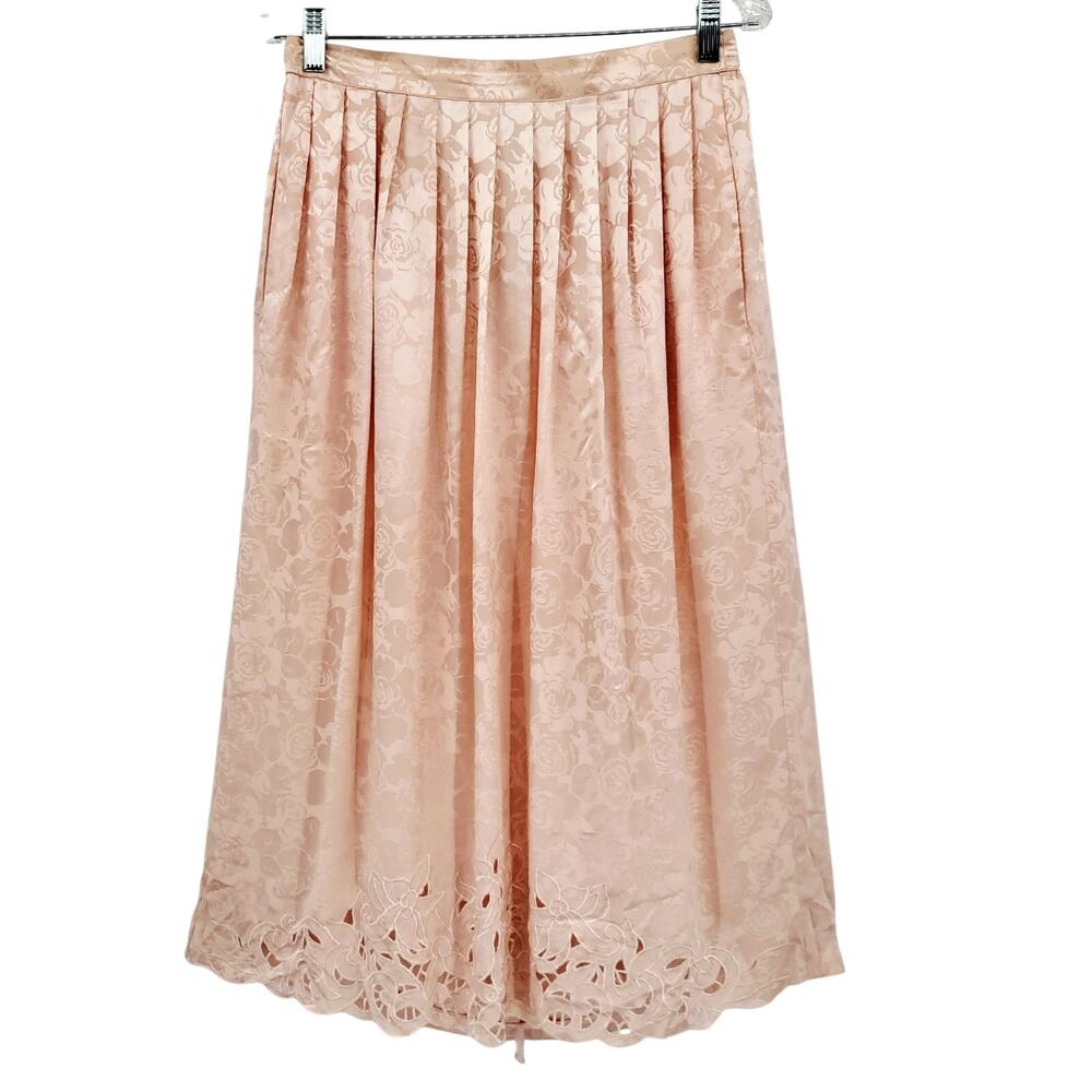 VTG Nancy Johnson 100% Silk Pink Pleated Floral Print Lace Applique Skirt Sz 10